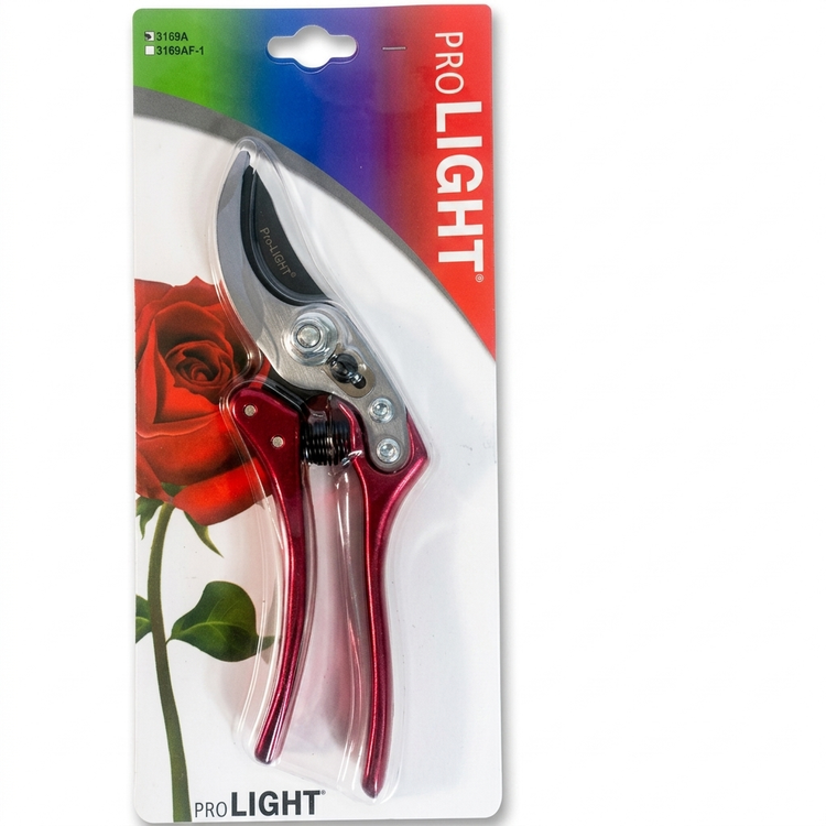 بستهبندی اورجینال قیچی هرس Pro-Light مدل 3169A در کنار تصویر گل سرخ.