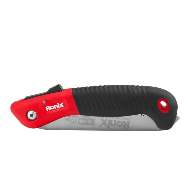 اره باغبانی تاشو رونیکس مدل RH-3608 در حالت بسته با دسته مشکی و قرمز.