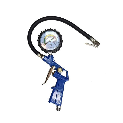 گیج فشار باد لاستیک عقربهای استارمکس مدل SA-1102 دارای شلنگ انعطافپذیر و کاور لاستیکی داخل بستهبندی