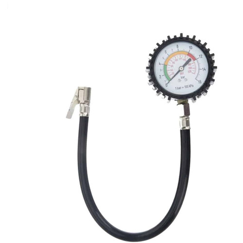 گیج فشار باد لاستیک عقربهای استارمکس مدل SA-1102 دارای شلنگ انعطافپذیر و کاور لاستیکی داخل بستهبندی