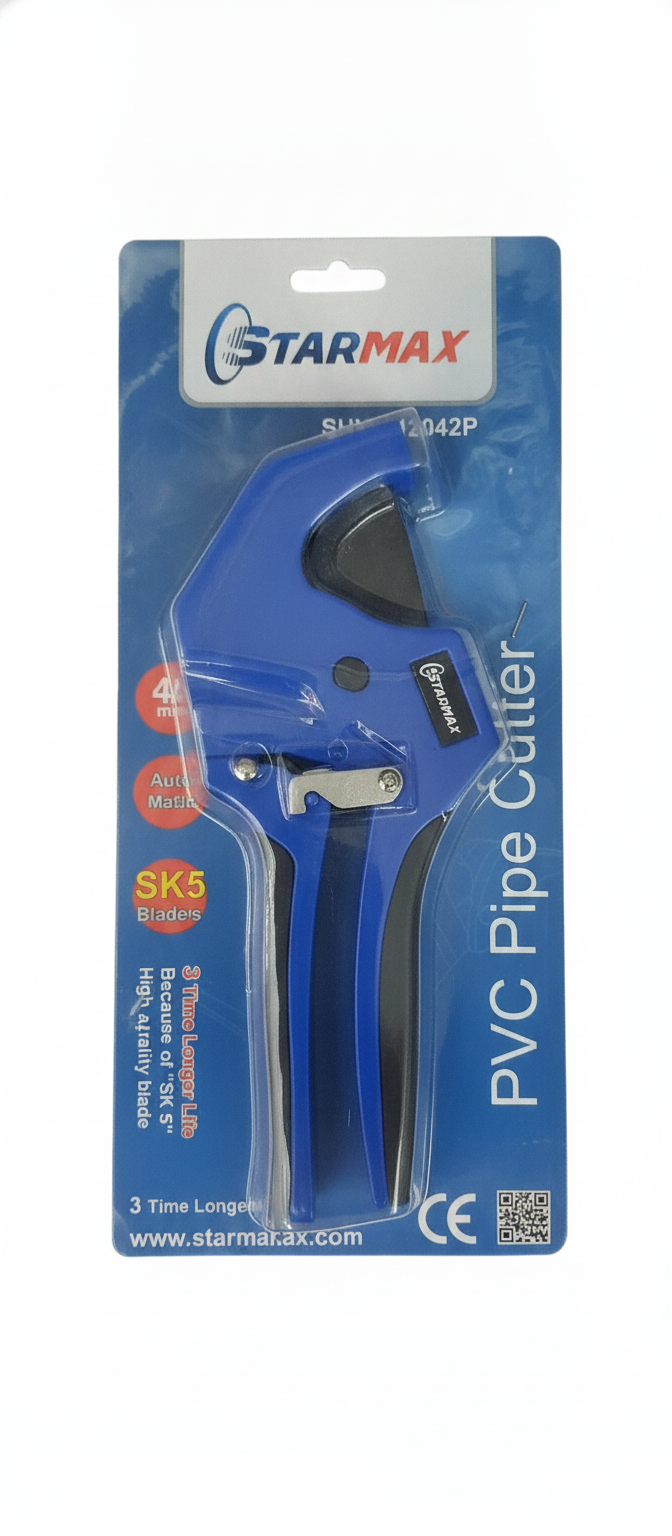 قیچی لوله‌بر اتوماتیک ۴۲ میلی‌متری استارمکس مدل SHV-112042P با بدنه آبی و تیغه SK5 داخل بسته‌بندی