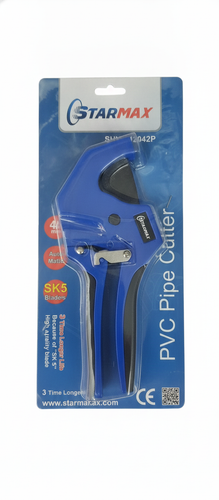 قیچی لولهبر اتوماتیک ۴۲ میلیمتری استارمکس مدل SHV-112042P با بدنه آبی و تیغه SK5 داخل بستهبندی